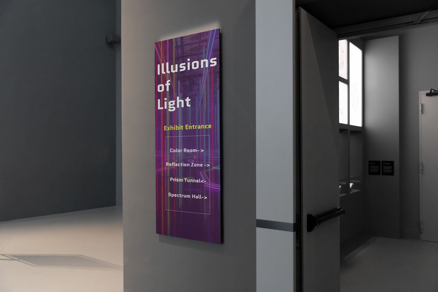 Illusions of Light entrance sign listing the exhibit rooms