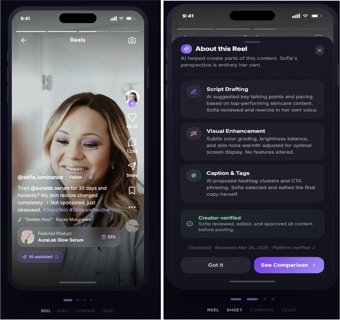 Reels screen with an AI-assisted label and its disclosure sheet