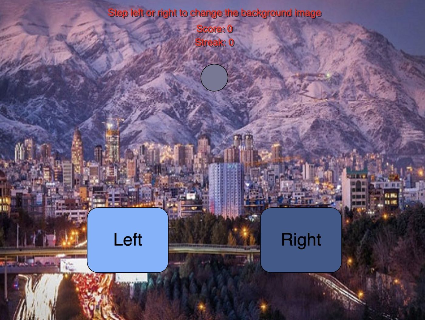 Camera game screen with Left and Right step pads over a night view of Tehran