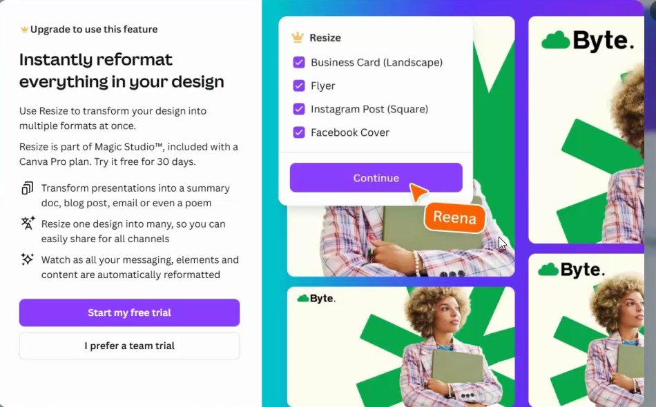 Canva’s Upgrade to use this feature modal for Resize, offering a free Pro trial