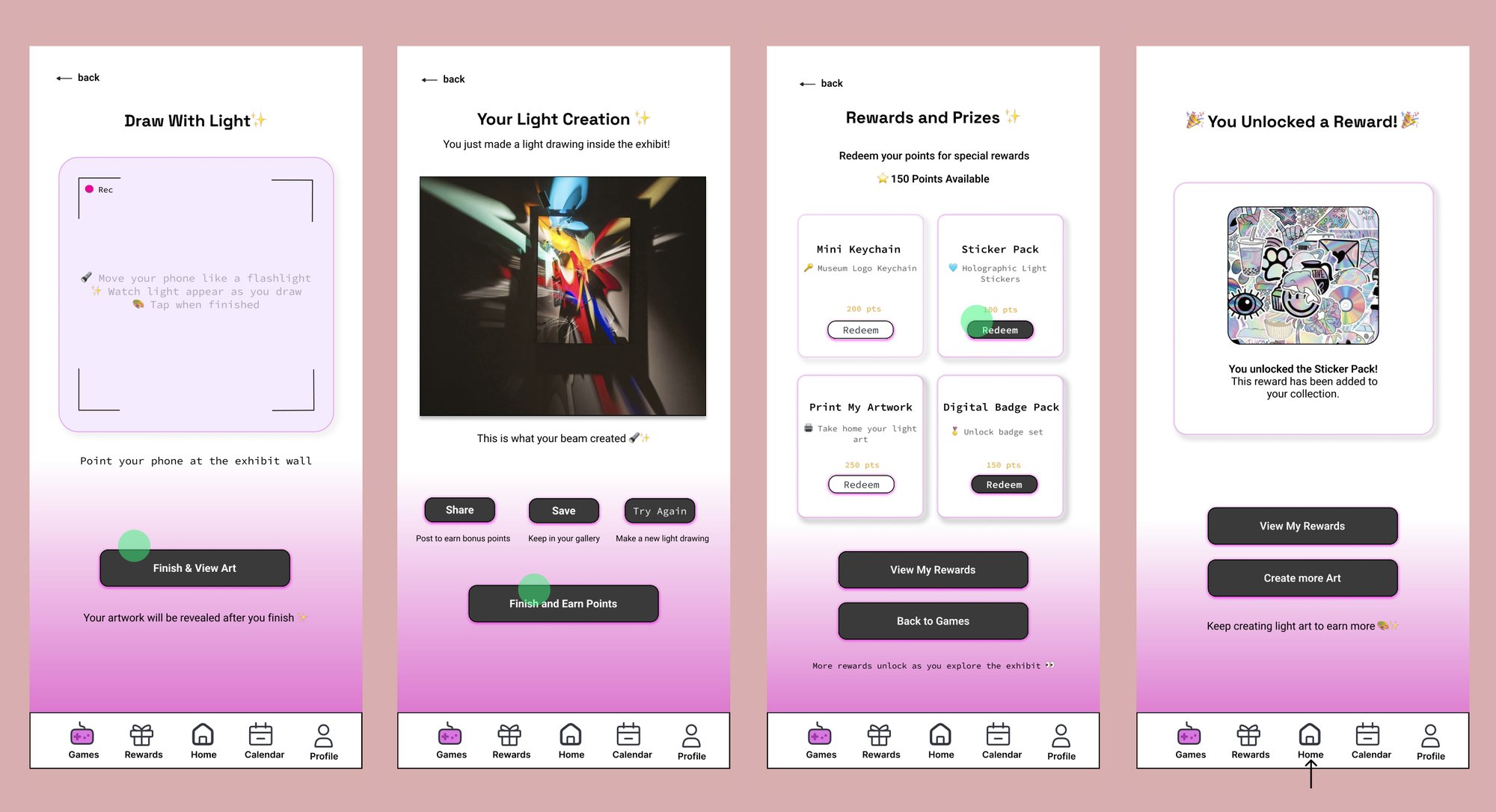 Four app screens: Draw With Light, Your Light Creation, Rewards and Prizes, and You Unlocked a Reward