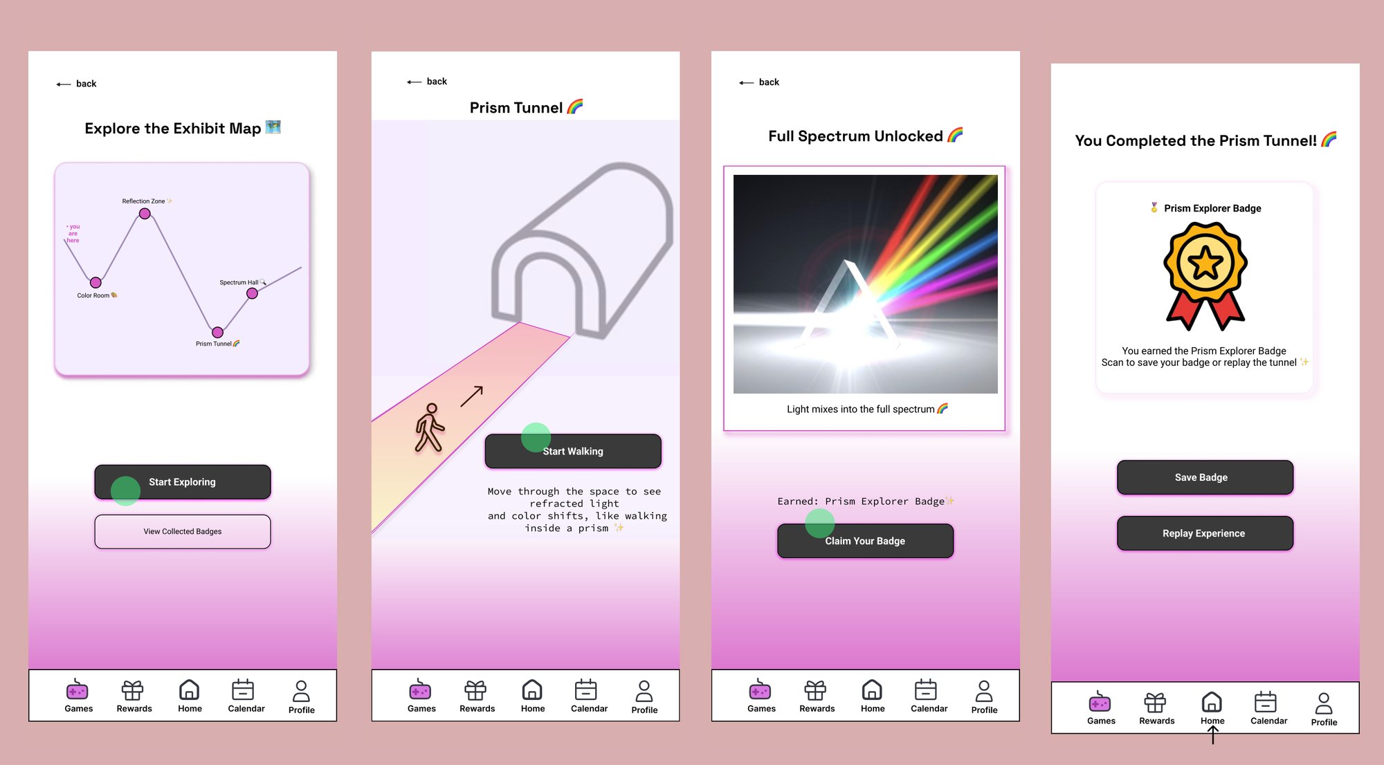 Four app screens: the exhibit map with four rooms, Prism Tunnel, Full Spectrum Unlocked, and a Prism Explorer badge