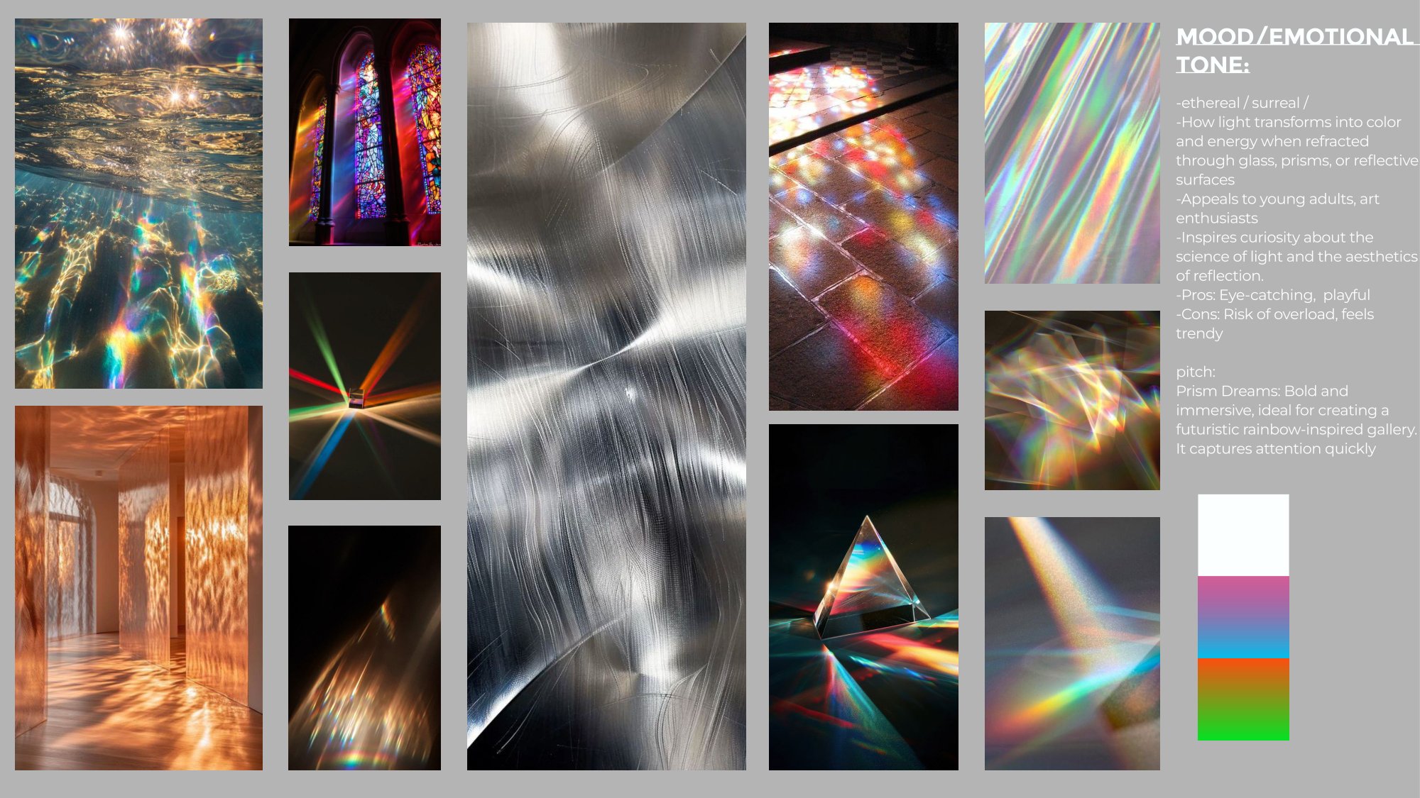 Prism Dreams moodboard: prisms, rainbow refractions and chrome