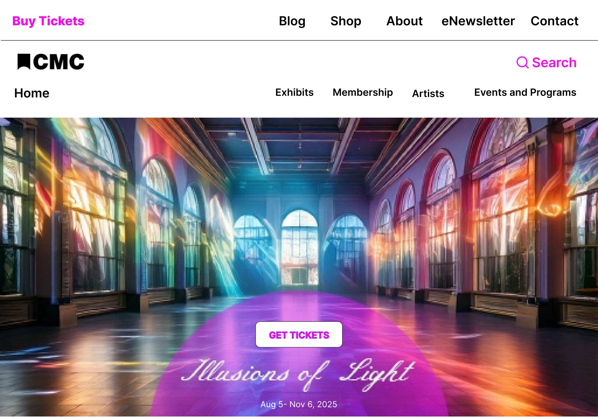 Website home page with the exhibit hero and a Get Tickets button