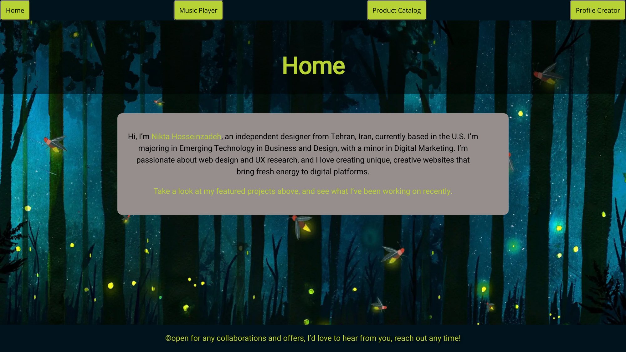 Project gallery home page with a firefly forest background, navigation to the three projects and a short bio